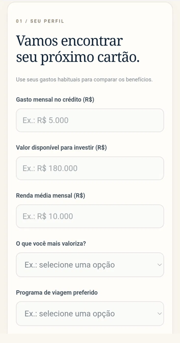 Demonstração da calculadora: preenchimento do perfil, análise, cartão recomendado e benefícios